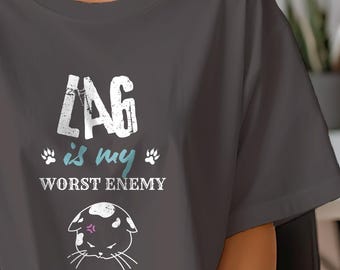 Lag is My Worst Enemy Unisex T-Shirt | Gaming Cat Illustration, Cute Cat-Loving Gamer Friend, Sister, Brother Gift, Game Addict Tee