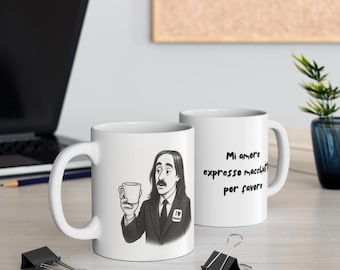 Funny Coffee Mug “Mi Amore Expresso Macchiato Por Favore” – Original Gift for Coffee Lovers – Vintage Illustrated Design Eurovision