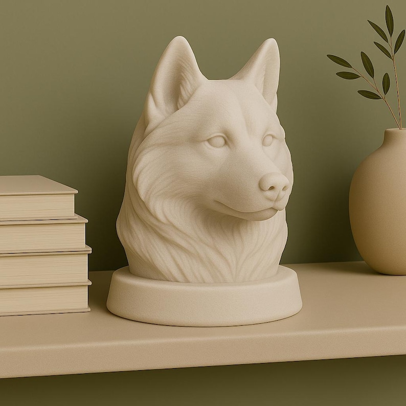 3D printable Husky dog bust STL and 3MF digital model digital dog statue for home decor or pet memorial