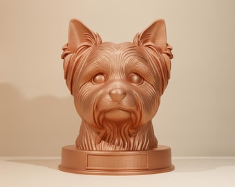 Biewer Yorkshire Terrier Dog 3D Bust Statue with personalized nameplate, STL & 3MF Files
