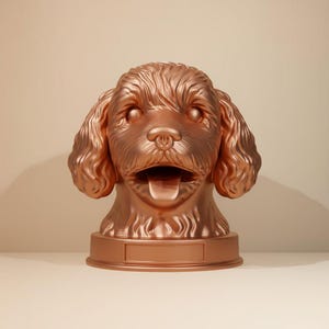 May include: A bronze-colored dog head sculpture with an open mouth and tongue. The sculpture has detailed fur texture and sits on a rectangular base. The dog's eyes are open, and the ears are floppy.