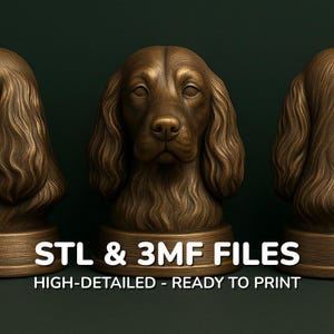 Puede incluir: Busto de perro de color bronce con detalles precisos, incluyendo orejas largas y fluidas. El busto se muestra sobre un pedestal. El texto en la base dice "STL & 3MF FILES" y "HIGH-DETAILED - READY TO PRINT". El fondo es verde oscuro.