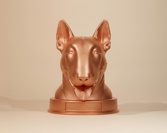 Mini Bull Terrier Dog Bust Statue with personalized nameplate, STL & 3MF Files for 3D Printing