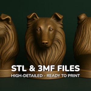 May include: Three bronze-colored dog head sculptures with detailed fur and facial features. The text "STL & 3MF FILES" and "HIGH-DETAILED - READY TO PRINT" are displayed below the sculptures. The background is a dark green.