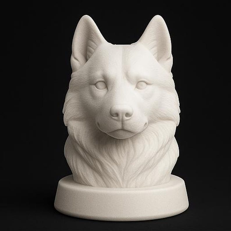 3D printable Husky dog bust STL and 3MF digital model digital dog statue for home decor or pet memorial