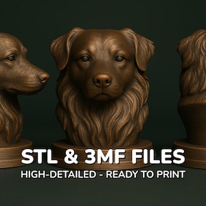 Può includere: Tre sculture di teste di cane color bronzo, ciascuna su una base di legno, sono esposte su uno sfondo verde scuro. La scultura centrale è rivolta in avanti, mentre le altre sono di profilo. Il testo "STL & 3MF FILES" e "HIGH-DETAILED - READY TO PRINT" è in basso.