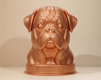 Pug Dog Bust Statue with personalized nameplate, STL & 3MF Files for 3D Printing