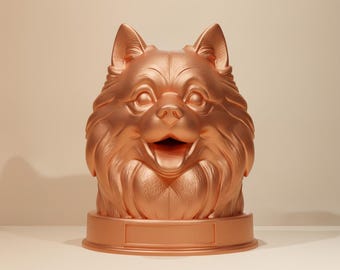 Keeshond Dog Bust Statue with personalized nameplate, STL & 3MF Files for 3D Printing