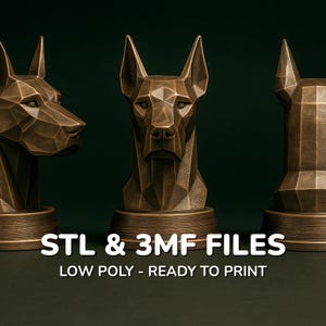 May include: Three bronze-colored, low-poly dog head sculptures. The sculptures are geometric, with sharp angles and facets. The text "STL & 3MF FILES" and "LOW POLY - READY TO PRINT" is displayed in white at the bottom of the image.
