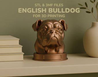 English Bulldog Bust 3D Print File, Custom Nameplate (STL & 3MF)