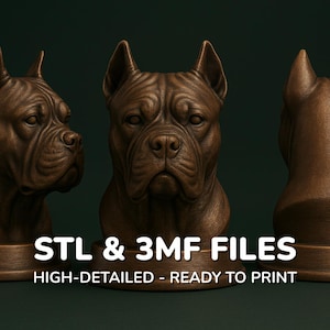 May include: Three bronze-coloured dog bust sculptures are displayed against a dark green background. The sculptures are highly detailed and ready to print, as indicated by the text "STL & 3MF FILES" and "HIGH-DETAILED - READY TO PRINT".