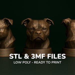 Könnte beinhalten: Drei bronzefarbene Low-Poly-Hundebüsten auf Sockeln. Die mittlere Büste blickt nach vorne, während die seitlichen Büsten im Profil sind. Das Bild enthält den Text "STL & 3MF FILES" und "LOW POLY - READY TO PRINT".