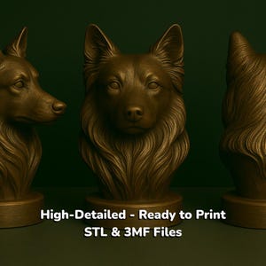 May include: Bronze-colored dog bust sculpture with detailed fur and facial features. The image shows three views of the sculpture, including a front and side profile. Text on the image reads "High-Detailed - Ready to Print STL & 3MF Files."