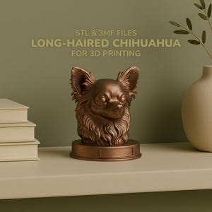 May include: A bronze-colored sculpture of a long-haired Chihuahua dog's head, mounted on a rectangular base. The text "STL & 3MF FILES LONG-HAIRED CHIHUAHUA FOR 3D PRINTING" is displayed above the sculpture. The sculpture is on a shelf with a vase and books.
