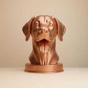 Könnte beinhalten: Eine kupferfarbene Hundekopfskulptur mit offenem Maul und Zunge. Die Skulptur ist auf einem rechteckigen Sockel montiert, und die Merkmale des Hundes sind detailliert. Die Skulptur ist wahrscheinlich ein Dekorationsartikel oder eine Trophäe.