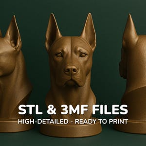 May include: Three bronze-colored dog bust sculptures with pointed ears and detailed facial features. The text "STL & 3MF FILES" and "HIGH-DETAILED - READY TO PRINT" are displayed in white at the bottom of the image.