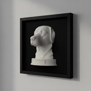 Printable Labrador dog wall art STL and 3MF files for home decor or pet tribute, personalized nameplate option