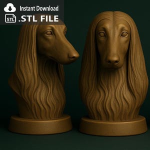 Puede incluir: Dos esculturas marrones de un perro afgano, una de frente y otra de perfil. Las esculturas están sobre un fondo verde oscuro. El texto "Instant Download .STL FILE" está en la esquina superior izquierda.
