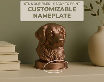Golden Retriever Dog 3D Bust Statue with personalized nameplate, STL & 3MF Files