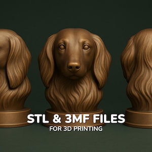 Pode incluir: Três bustos de cães cor de bronze com orelhas longas e esvoaçantes e traços faciais detalhados. O texto "STL & 3MF FILES FOR 3D PRINTING" é exibido em branco na parte inferior da imagem. Os bustos estão em um fundo verde escuro.