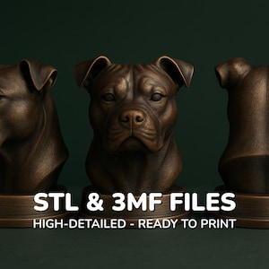 Puede incluir: Tres esculturas de bustos de perros de color bronce sobre un fondo verde oscuro. El busto central mira hacia adelante, flanqueado por perfiles. La base de cada busto es de color bronce a juego. El texto en la parte inferior dice "STL & 3MF FILES" y "HIGH-DETAILED - READY TO PRINT."