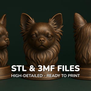 Puede incluir: Tres esculturas de chihuahua marrones con texturas de pelaje detalladas se muestran sobre un fondo verde oscuro. El texto "STL & 3MF FILES" y "HIGH-DETAILED - READY TO PRINT" es visible en la parte inferior de la imagen.