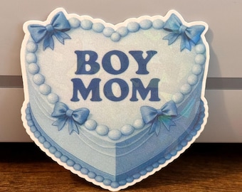 Boy Mom Heart Cake Sticker: Blue Coquette Bow, Waterproof Vinyl
