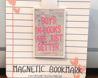 Magnetic Bookmark, Vintage Library Card Style, Boys in Books Quote, Romance Reader Accessory