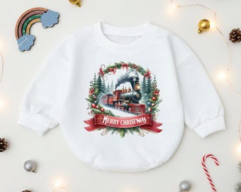 Christmas Train Romper, Baby Boy Girl Winter Jumpsuit, Merry Xmas Gift Bodysuit, Holiday Clothes, Newborn Infant Outfit, First Christmas