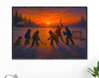 Pond Hockey Sunset Print: Vintage Winter Cabin Scene (Digital Download)