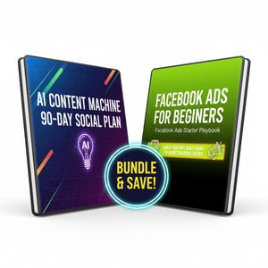 May include: Two books with black covers. The left book reads "AI CONTENT MACHINE 90-DAY SOCIAL PLAN" with an AI lightbulb graphic. The right book reads "FACEBOOK ADS FOR BEGINERS". A circular graphic in the center says "BUNDLE & SAVE!"