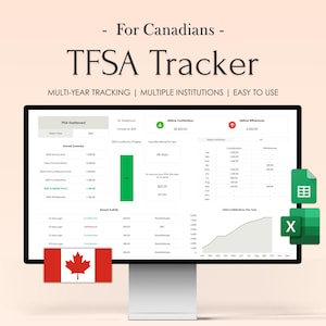 May include: A computer monitor showing a TFSA Tracker dashboard with financial data. The screen displays charts, graphs, and data tables. The Canadian flag is displayed at the bottom. Text on the screen reads: "For Canadians - TFSA Tracker".