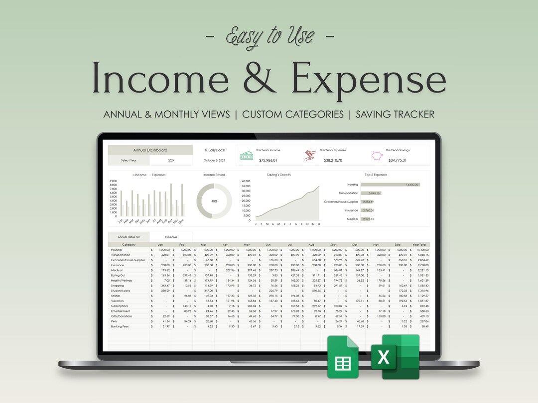 Income and Expense Tracker Excel Google Sheets Budget Planner Template ...