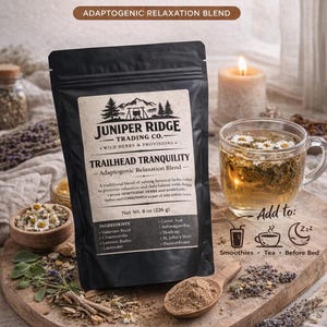 May include: An image featuring a black bag of Trailhead Tranquility tea, a wooden spoon, a cup of tea, and a lit candle. The bag, from Juniper Ridge Trading Co., lists ingredients such as valerian root and chamomile. The image promotes relaxation and stress relief.