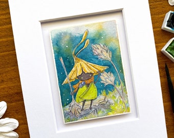watercolor painting Bell ringer Angel and a Northern Cardinal original ACEO SantasSongbird