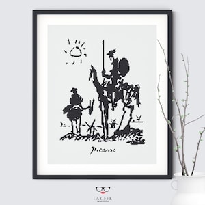 May include: Black and white cross stitch pattern of Picasso's 'Guernica' with a sun in the upper left corner and the artist's signature 'Picasso' at the bottom.