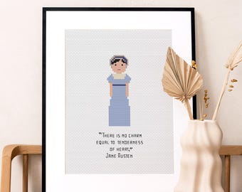 Op de afbeelding: Een ingelijst print met een gepixelde illustratie van Jane Austen, een beroemde auteur, in een blauwe jurk. Onder de illustratie staat de quote "Er is geen charme die gelijk is aan de tederheid van het hart." en wordt toegeschreven aan Jane Austen.
