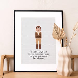 May include: A framed cross-stitch design featuring a pixelated illustration of Amelia Earhart in a brown flight suit and goggles. The quote "Use your fear, it can take you to the place where you store your courage." is below the illustration, attributed to Amelia Earhart.