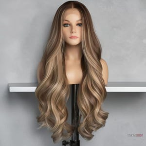 Peluca con reflejos rubio miel: cabello humano castaño ondulado, encaje frontal HD