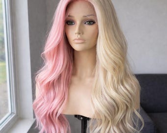 Peluca de cabello humano rubio con mechas rosas: Peluca lisa Remy con encaje frontal