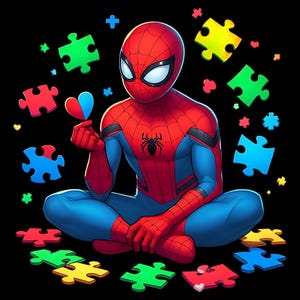 Puede incluir: Ilustración de Spider-Man con su traje rojo y azul, sentado con las piernas cruzadas y sosteniendo una pieza de rompecabezas en forma de corazón. Piezas de rompecabezas y corazones de colores flotan a su alrededor sobre un fondo negro.