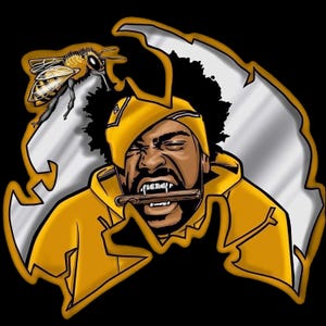 Puede incluir: Ilustración de una persona con una sudadera con capucha y una bandana amarillas, con una abeja y un contorno plateado. La persona sostiene un cigarro en la boca. La imagen está sobre un fondo negro.