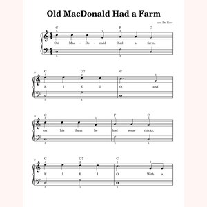 Può includere: Spartito musicale della canzone per bambini "Old MacDonald Had a Farm". La musica è scritta con inchiostro nero su sfondo bianco. Il titolo è in alto, e le note e il testo sono sotto.