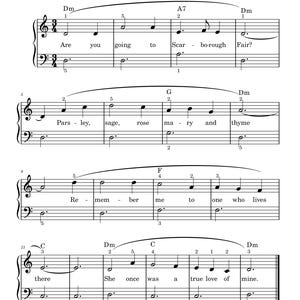 Puede incluir: Partitura en blanco y negro de "Scarborough Fair". El título está en la parte superior, seguido de notación musical y letras. Las letras incluyen "Are you going to Scarborough Fair?" y "Parsley, sage, rosemary and thyme."