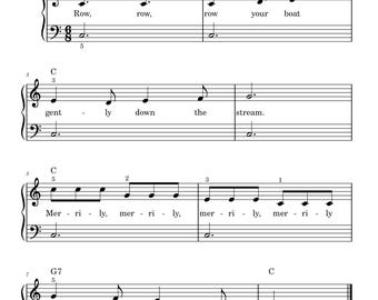 May include: Sheet music for the children's song "Row Your Boat" in black and white. The title is at the top, followed by musical notation with lyrics. The song is written in the key of C, with a G7 chord at the end.
