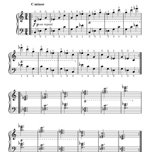 Könnte beinhalten: Notenblatt mit dem Titel "Minor Chord Inversions Practice" mit Noten für C-Moll. Das Notenblatt enthält Notenzeilen mit Violinschlüssel und Bassschlüssel mit Noten, Zahlen und musikalischen Symbolen. Der Text "© 2026 HY Music Press" steht unten.