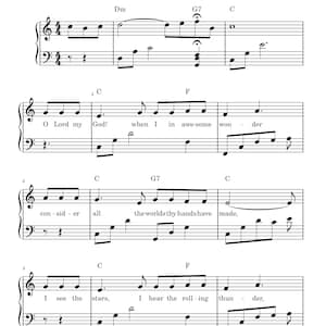 Op de afbeelding: Muziekblad voor de hymne "How Great Thou Art" met muzieknoten en tekst. De titel staat bovenaan en de tekst bevat zinnen als "O Lord my God!" en "I see the stars." De muziek is in zwart en wit.
