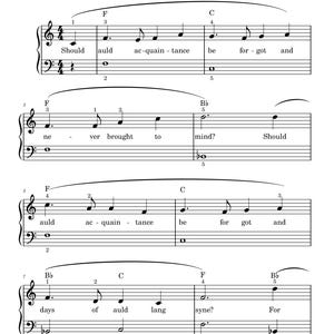 Puede incluir: Partitura en blanco y negro de "Auld Lang Syne". El título está en la parte superior, con notas musicales y letras debajo. Las notas están en un pentagrama con claves de sol y de fa. Las letras incluyen frases como "Should auld acquaintance be forgot".