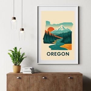 Impresión de río de montaña de Oregón: Arte mural con paisaje natural retro / Descarga digital