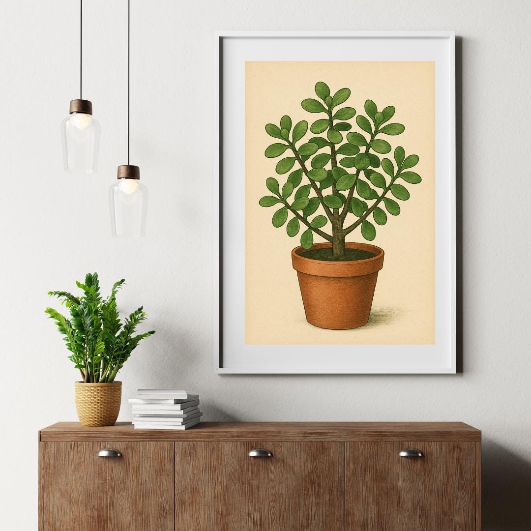 Vintage Jade Plant Botanical Print – Potted Succulent Illustration ...